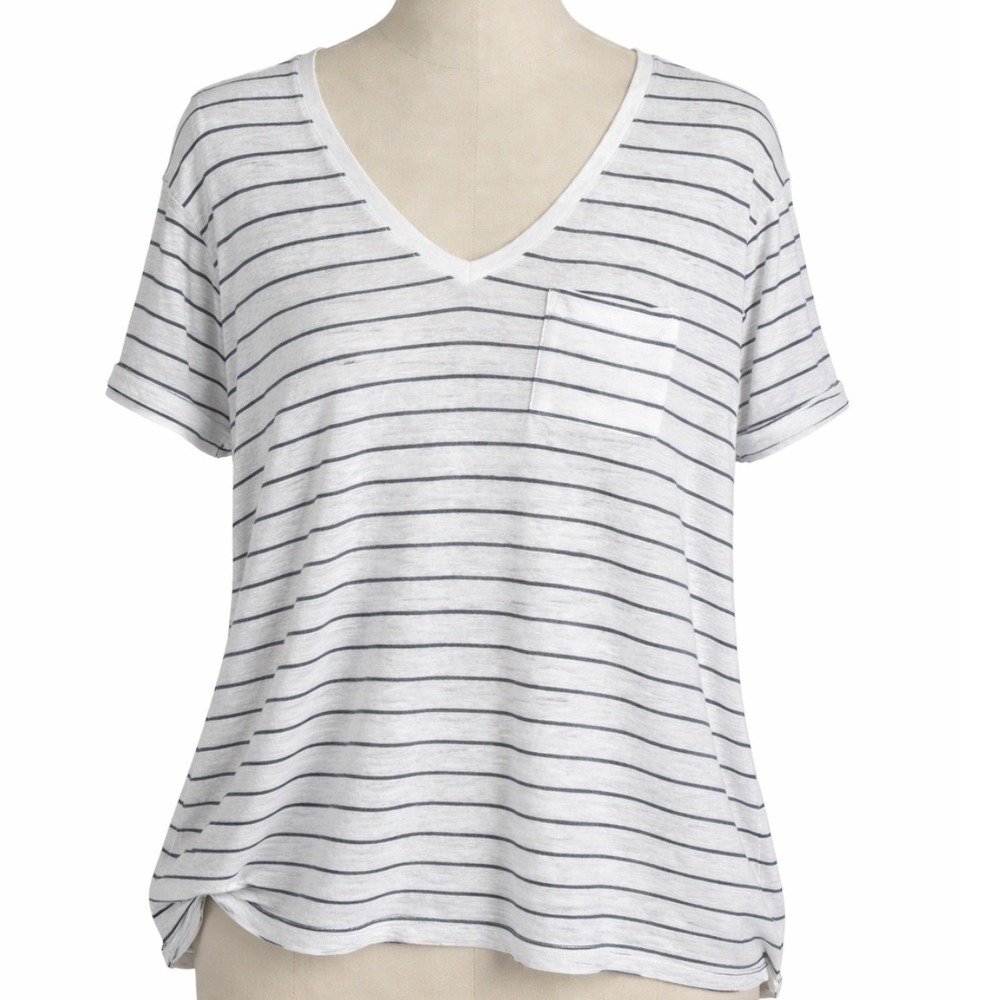 Cynthia Rowley Womens 100% Linen Striped V Neck Pocket Casual T Shirt Size Large